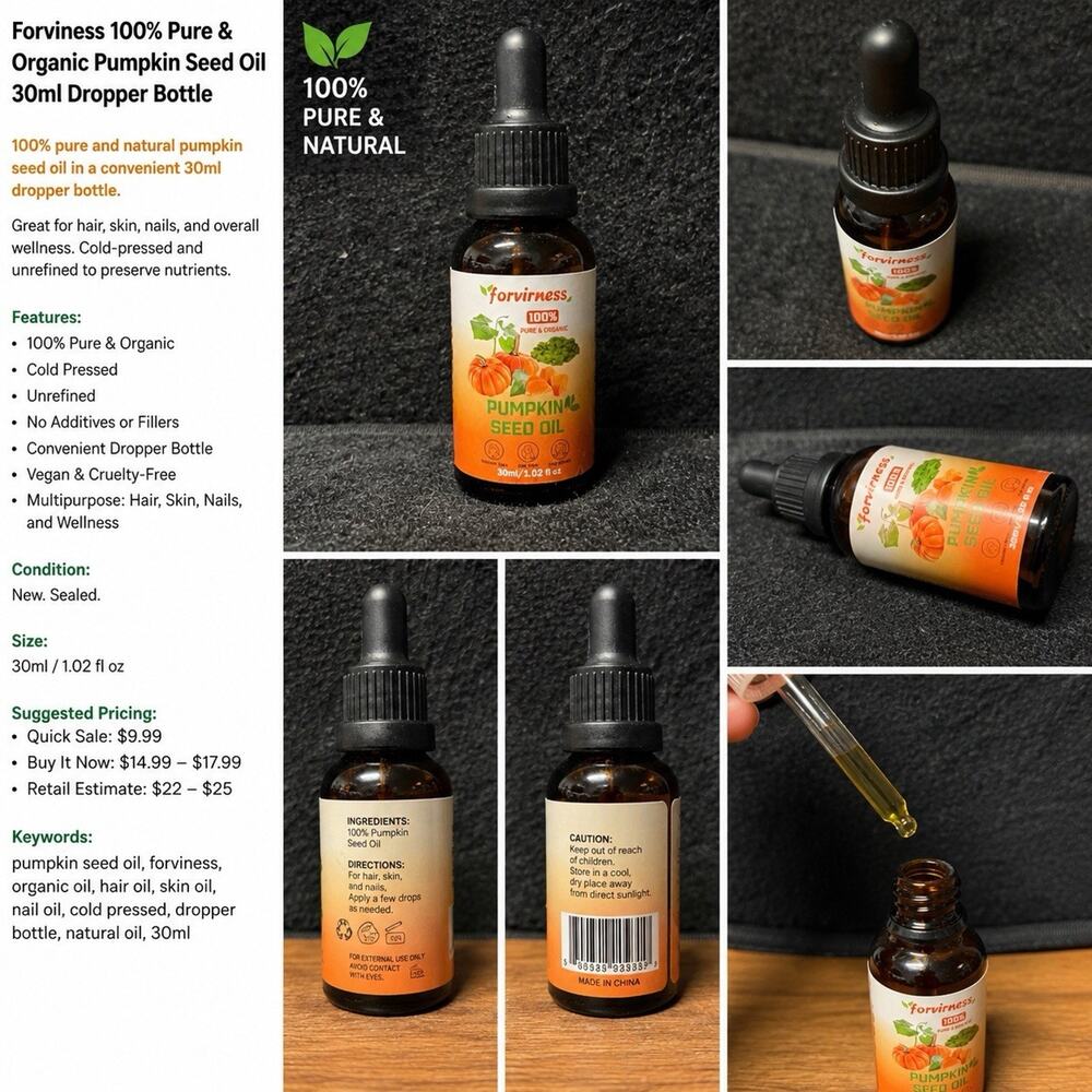 Forviness 100% Pure & Organic Pumpkin Seed Oil 30ml Dropper Bottle New